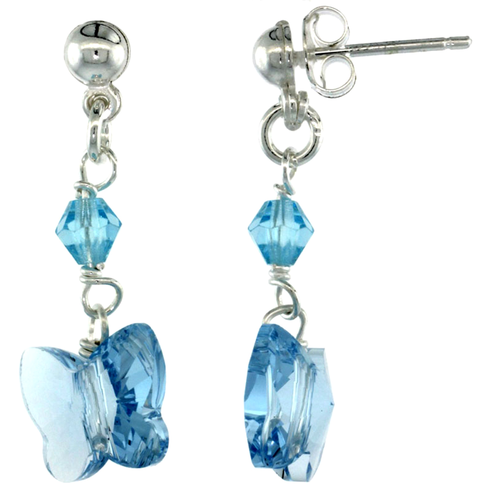 Sterling Silver Blue Topaz Crystal Butterfly Drop Earrings with 10mm Swarovski Crystal Butterfly Beads