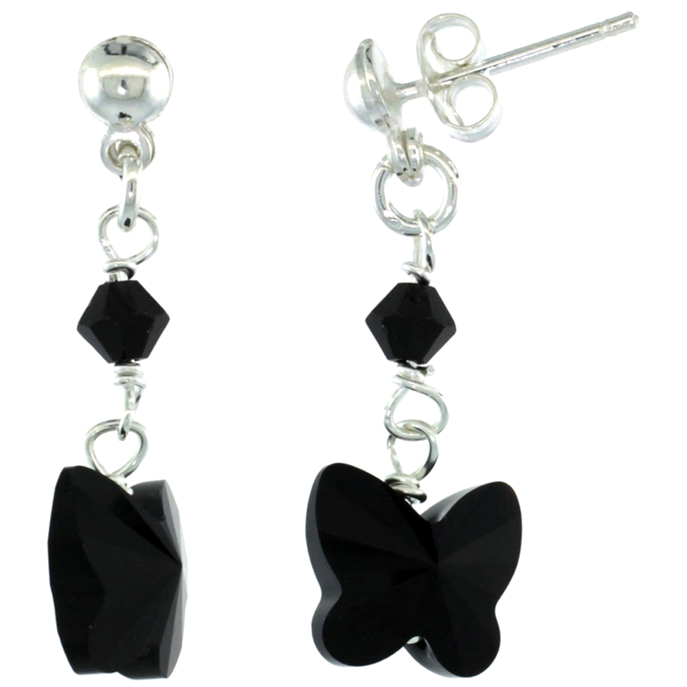Sterling Silver Black Crystal Butterfly Drop Earrings with 10mm Swarovski Crystal Butterfly Beads
