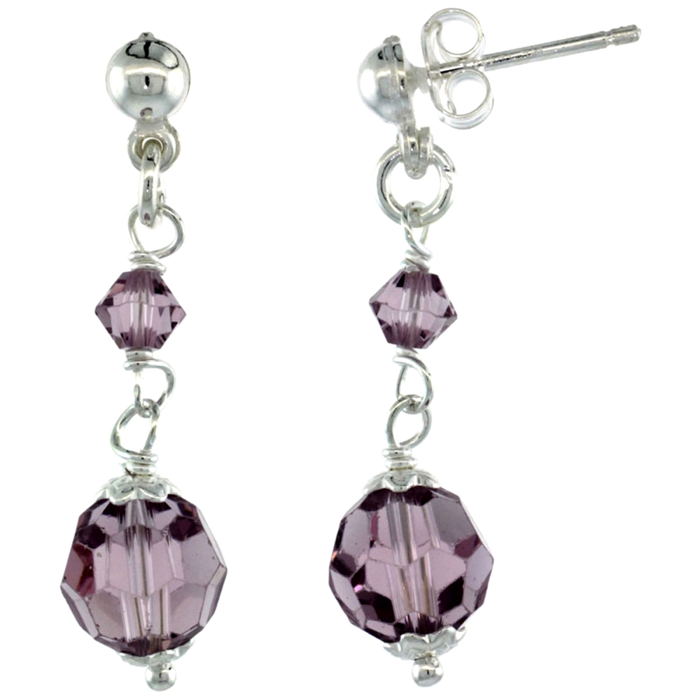 Sterling Silver Amethyst Crystal Drop Earrings with 8mm Faceted Round Swarovski Crystals, 1 1/4 inch