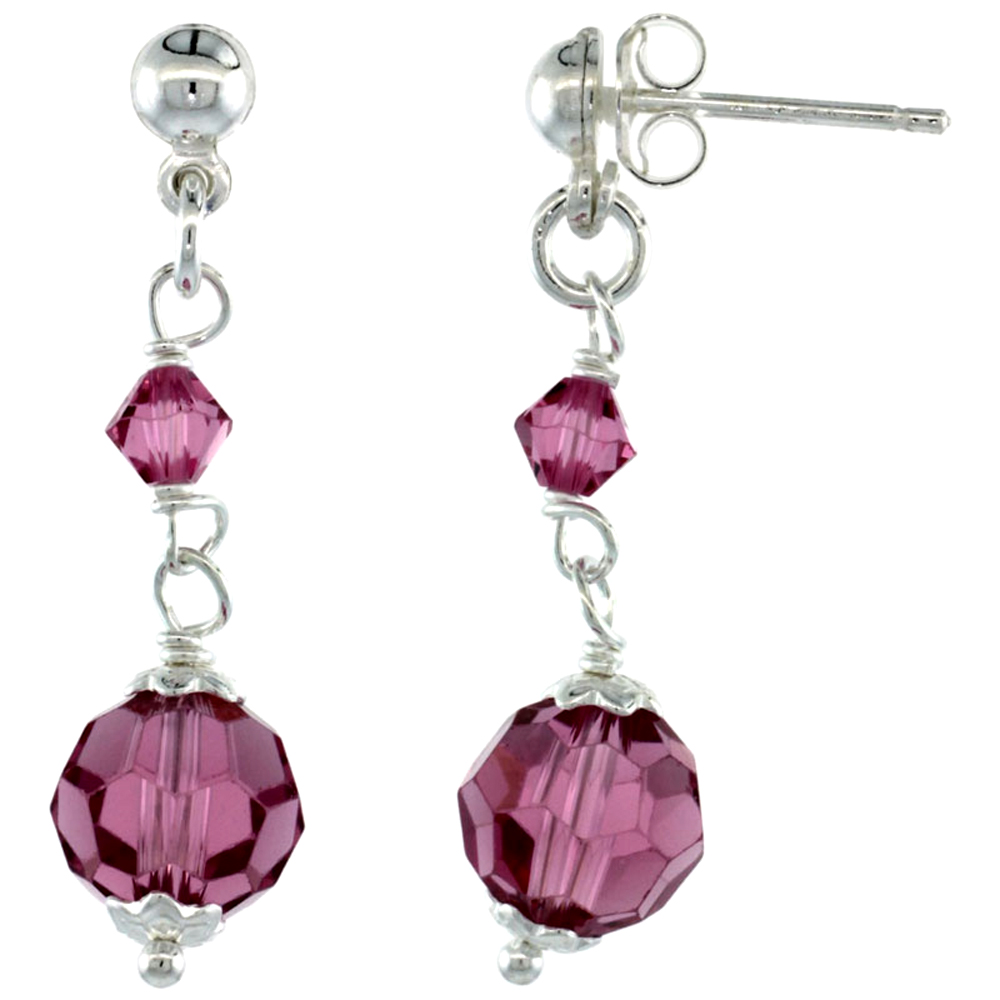 Sterling Silver Pink Crystal Drop Earrings with 8mm Faceted Round Swarovski Crystals, 1 1/4 inch
