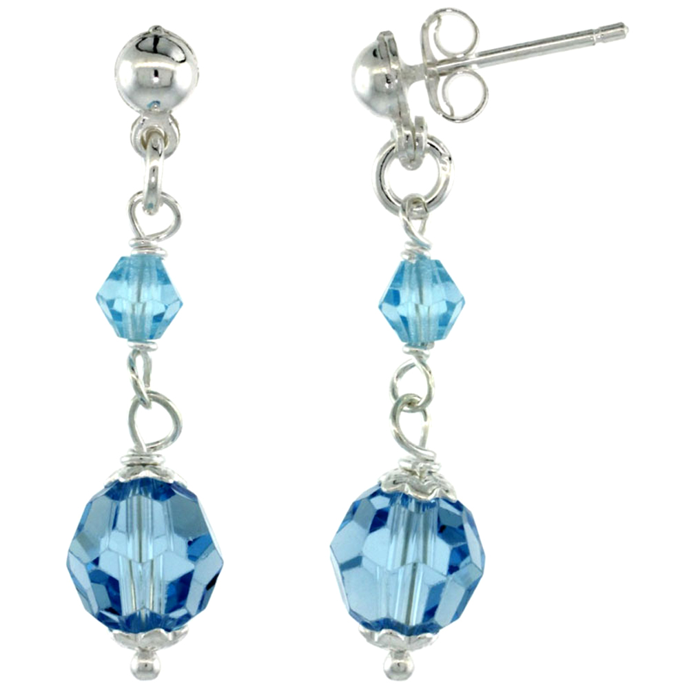 Sterling Silver Blue Topaz Crystal Drop Earrings with 8mm Faceted Round Swarovski Crystals, 1 1/4 inch