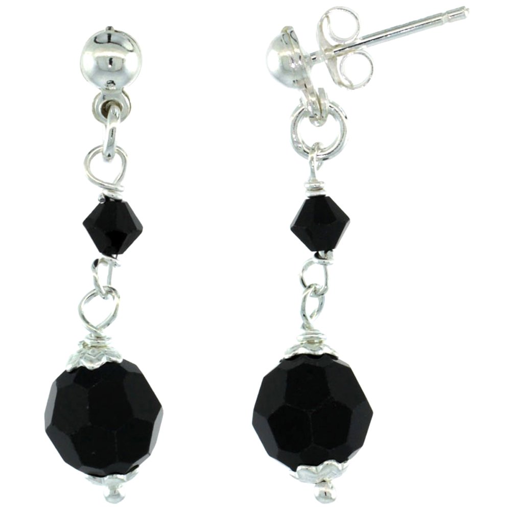 Sterling Silver Black Crystal Drop Earrings with 8mm Faceted Round Swarovski Crystals, 1 1/4 inch