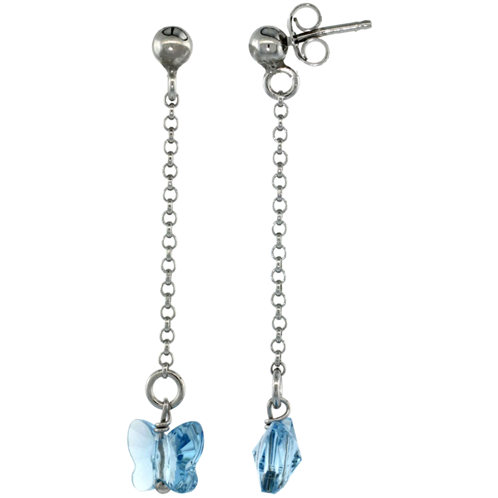 Sterling Silver Butterfly Blue Topaz Swarovski Crystal Drop Earrings, 1 13/16 in. (46 mm) tall