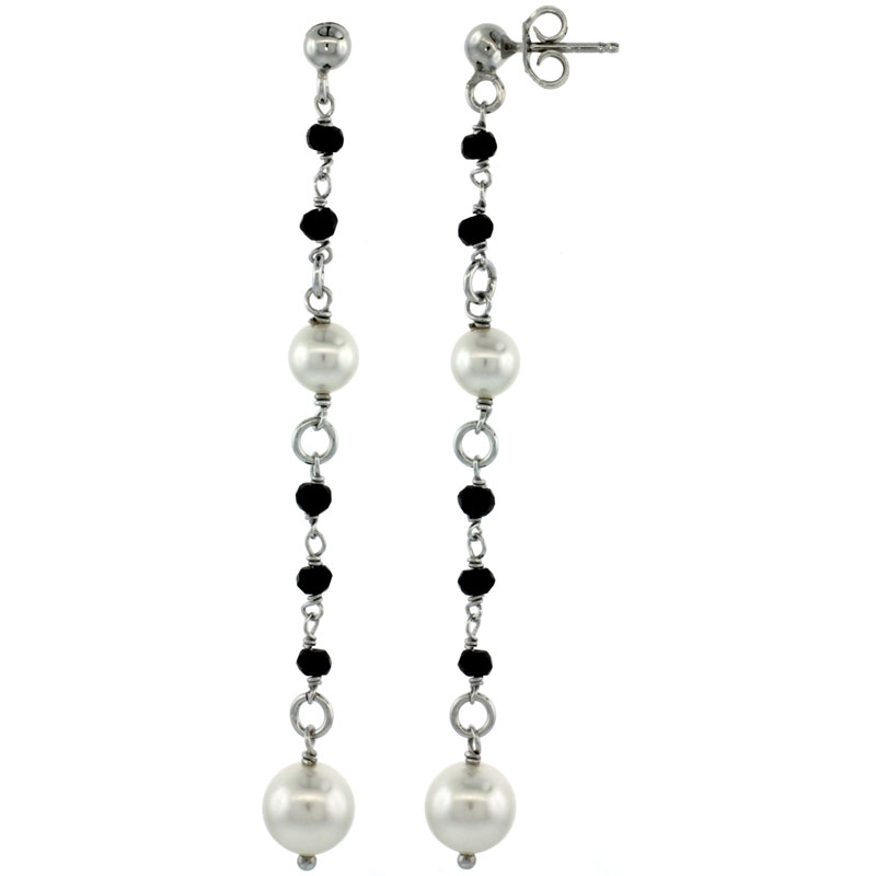 Sterling Silver Black Swarovski Crystals &amp; Pearls Drop Earrings, 2 7/8 in. (73 mm) tall