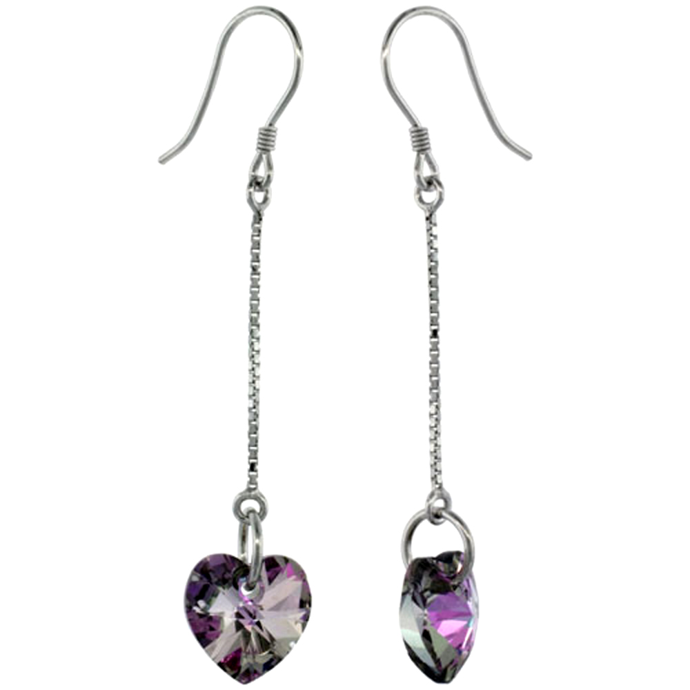 Sterling Silver Dangle Earrings w/ Purple Swarovski Crystal Heart 2 in. (51 mm) tall, Rhodium Finish