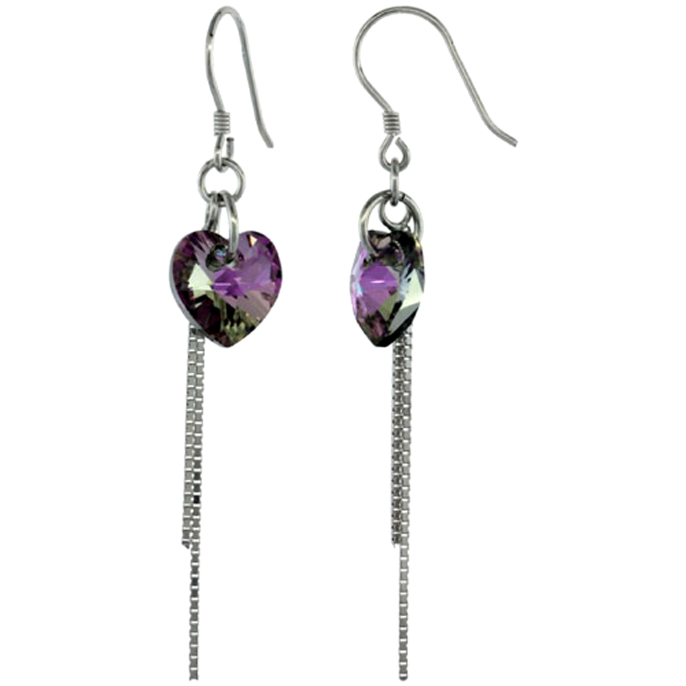 Sterling Silver Dangle Earrings w/ Purple Swarovski Crystal Heart 2 1/4 in. (58 mm) tall, Rhodium Finish