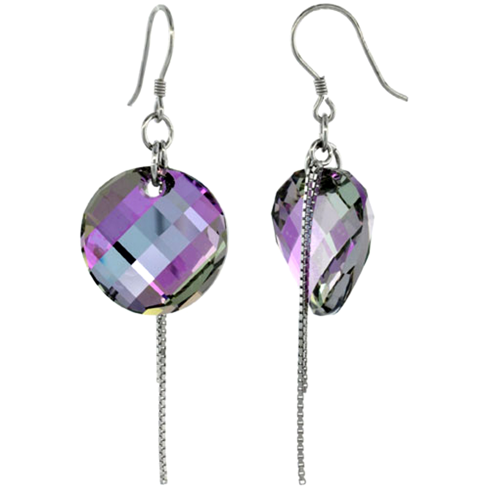 Sterling Silver Dangle Earrings w/ Purple Swarovski Crystal Disc 2 1/4 in. (58 mm) tall, Rhodium Finish
