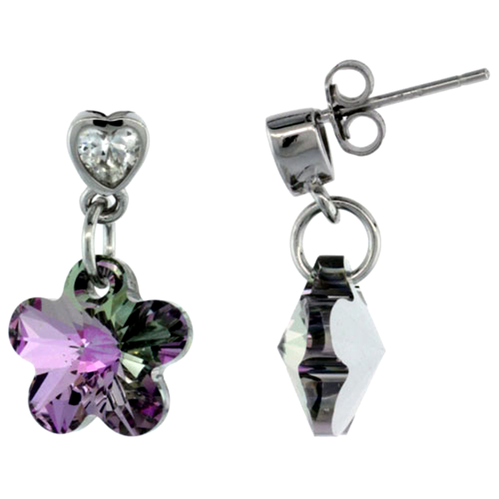 Sterling Silver Dangle Earrings w/ Purple Swarovski Crystal Flower 13/16 in. (21 mm) tall, Rhodium Finish