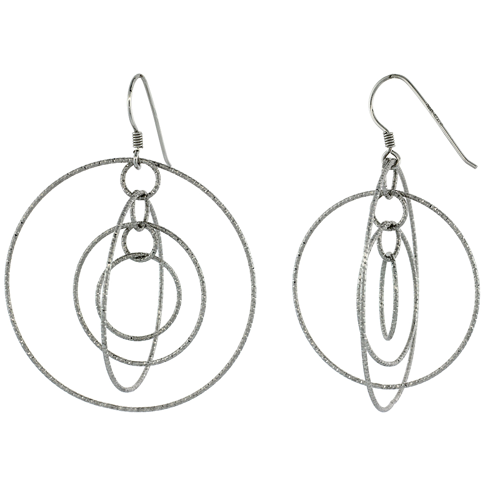 Sterling Silver Graduated Wire Dangling Circles Hanging Hoop Diamond Cut Earrings w/ Rhodium Finish, 2 3/8 in. (60 mm) tall