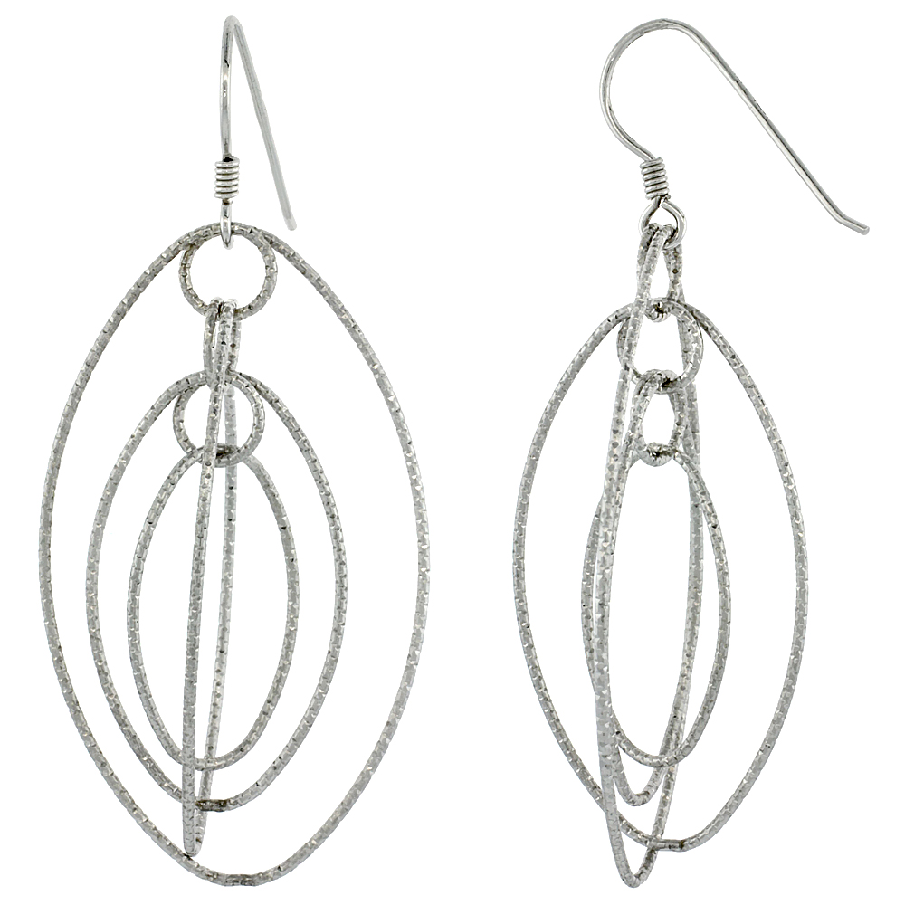 Sterling Silver Graduated Wire Dangling Ovals Hanging Hoop Diamond Cut Earrings w/ Rhodium Finish, 2 1/2 in. (63 mm) tall