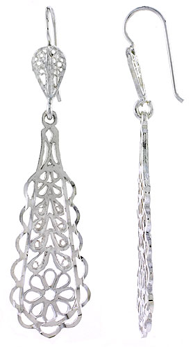 Sterling Silver Filigree Teardrop Earrings Floral Designs 2 3/16 inch