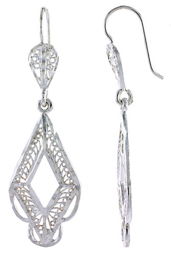 Sterling Silver Diamond shape Filigree Earrings 1 3/4 inch