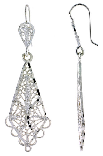 Sterling Silver Diamond shape Filigree Earrings 2 inch