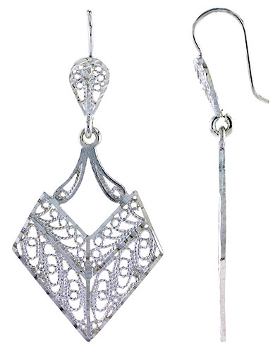 Sterling Silver Diamond shape Filigree Earrings 1 3/4 inch