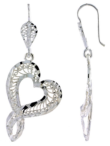 Sterling Silver Filigree Heart Earrings Earrings 1 3/4 inch