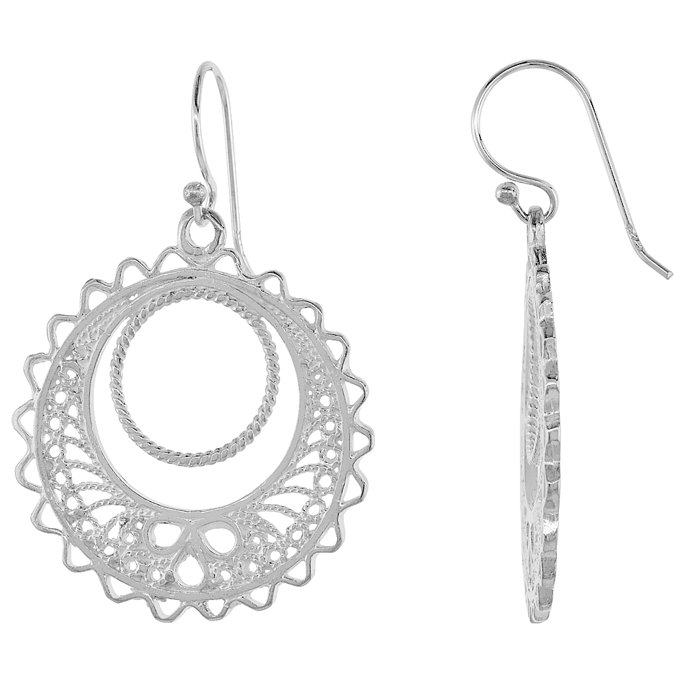 Sterling Silver Filigree Earrings, Circle Cut Out 1 3/4 inch