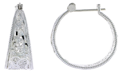Sterling Silver Filigree Hoop Earrings Snap-down post, 1 1/16 inch