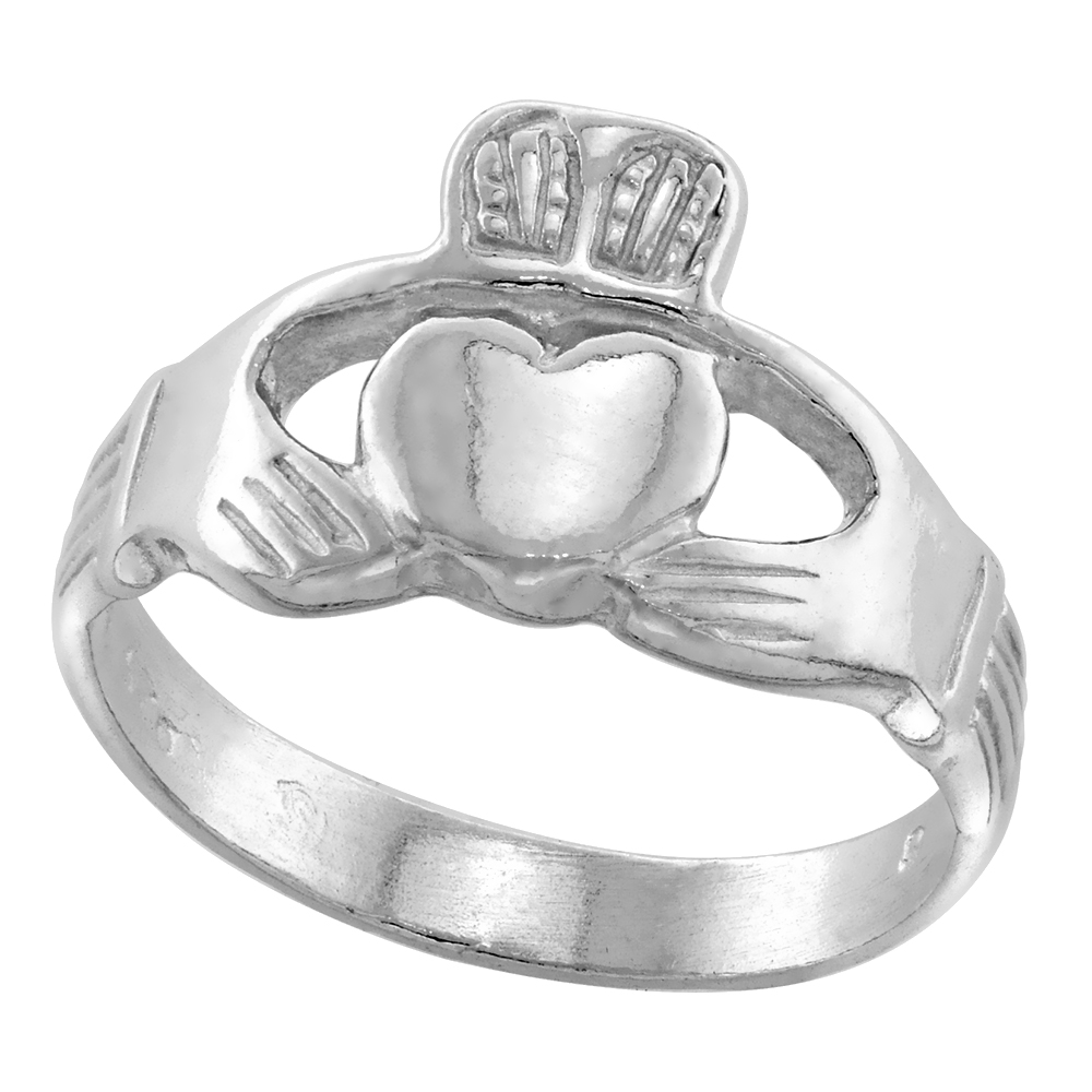 1/2 inch Sterling Silver Celtic Claddagh Ring for Men and Women Available Polished &amp; Oxidized Finish 12mm high sizes 5 - 10