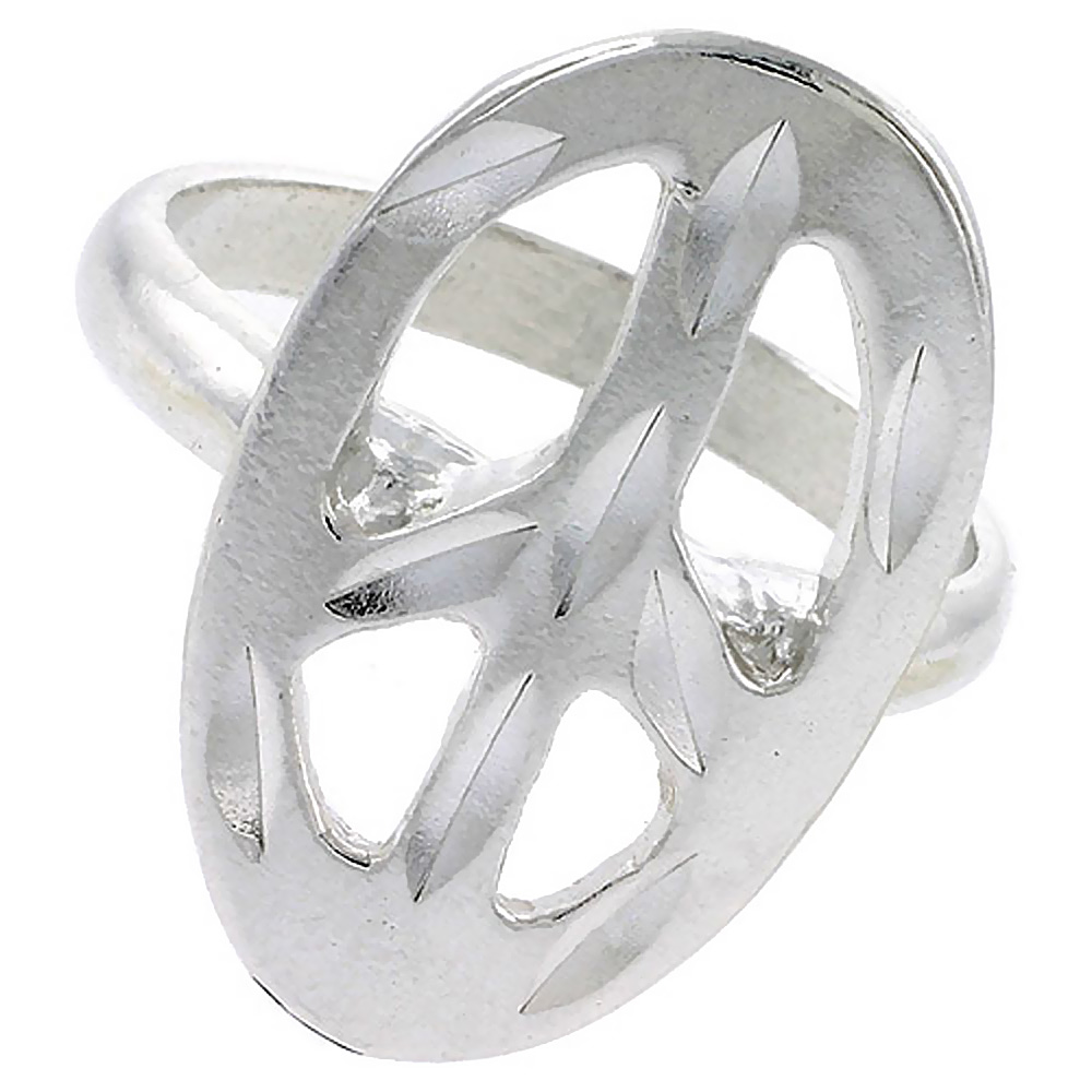 Sterling Silver Oval Peace Sign Ring Polished finish 1 inch wide, sizes 6 - 9