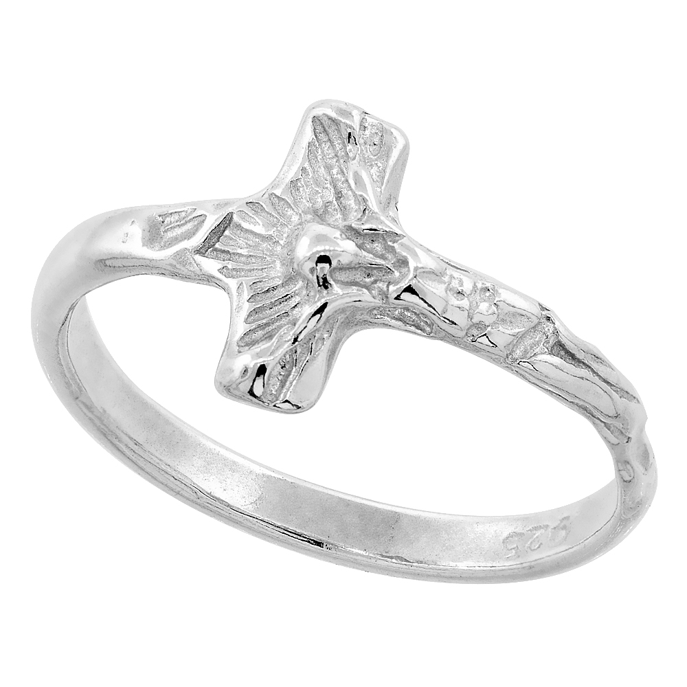 Sterling Silver Tiny Crucifix Ring Polished finish 3/8 inch wide, sizes 6 - 9,