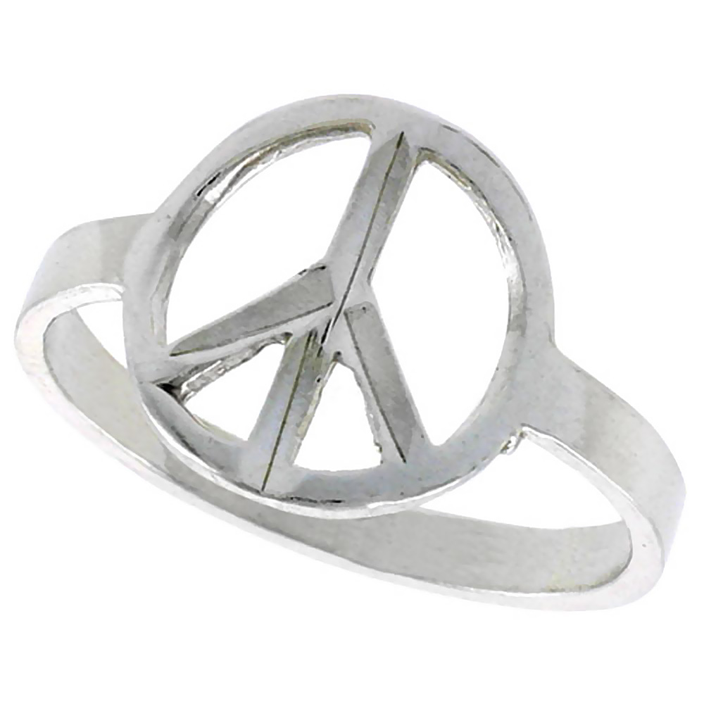 Sterling Silver Peace Sign Ring Polished finish 1/2 inch wide, sizes 6 - 9