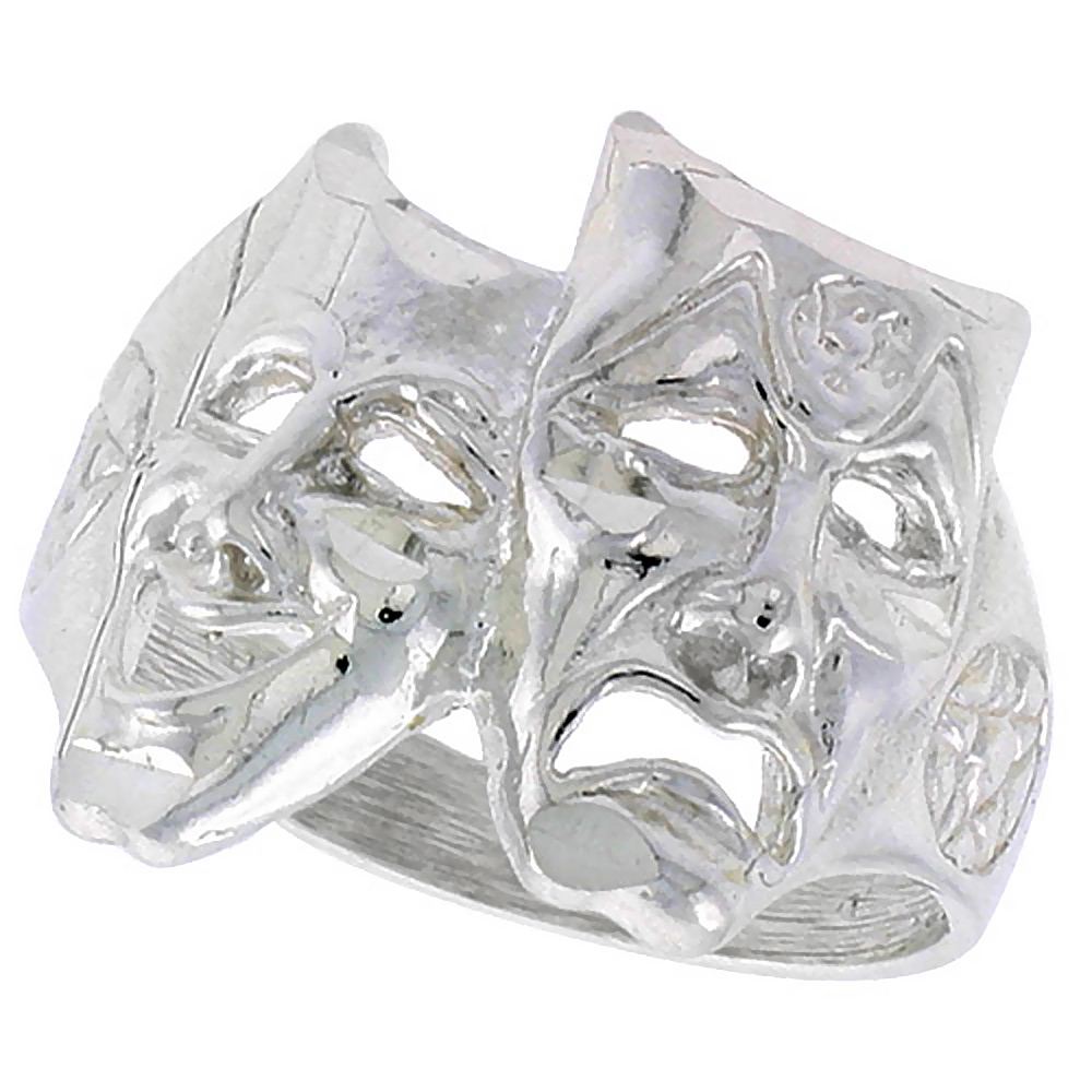 Sterling Silver Drama Masks Ring Polished finish 11/16 inch wide, sizes 6 - 9