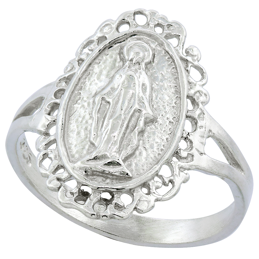 Sterling Silver Virgin Mary Miraculous Medal Ring 11/16 inch wide Sizes 6-9