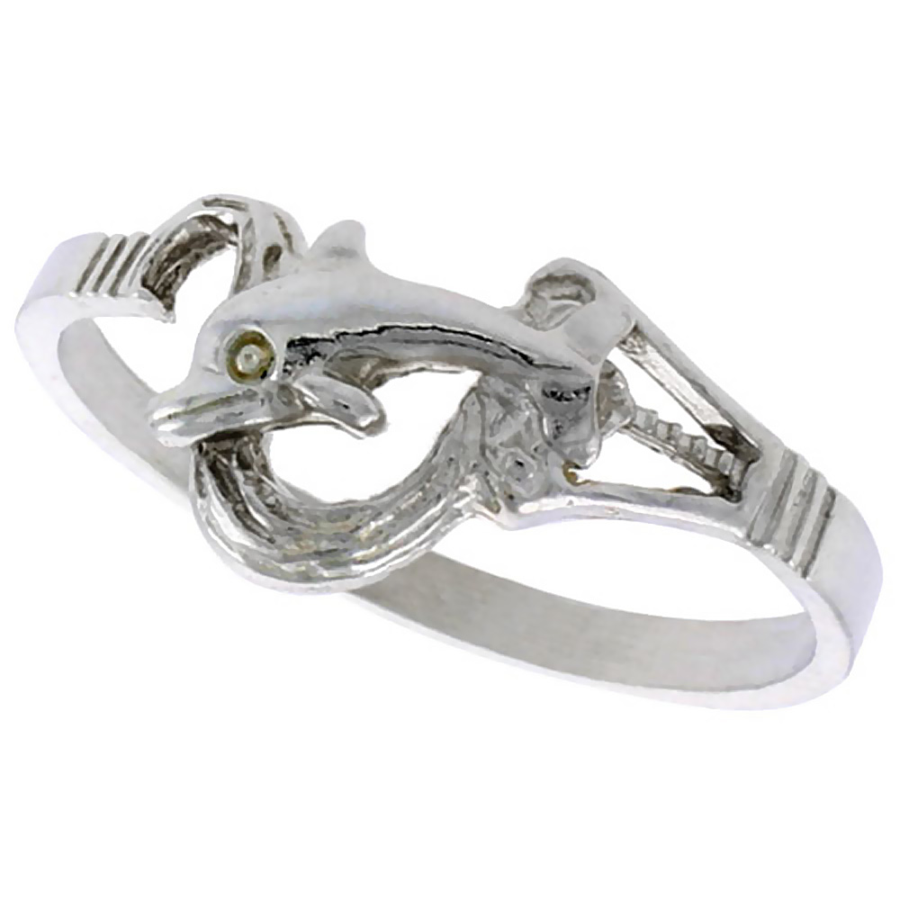 Sterling Silver Dolphin Ring Polished finish 5/16 inch wide, sizes 6 - 9