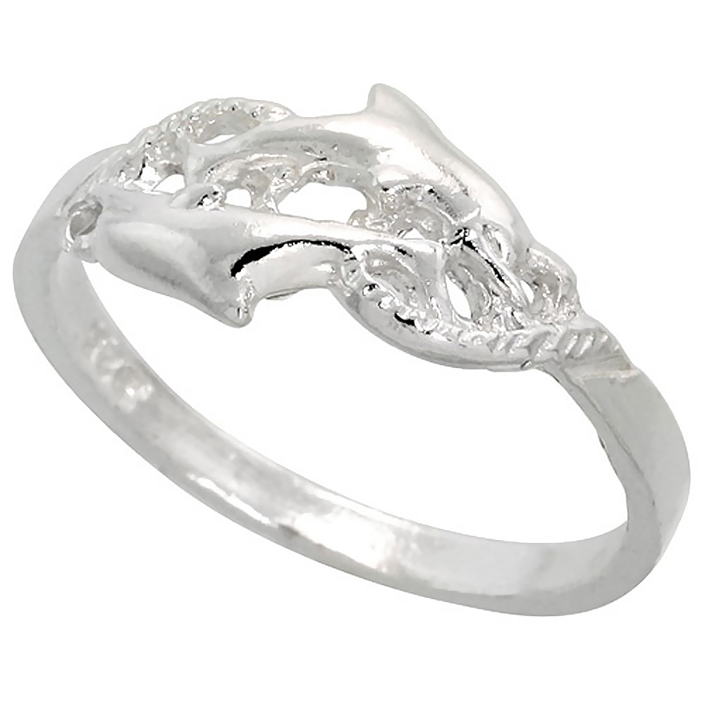 Sterling Silver Double Dolphin Ring Polished finish 5/16 inch wide, sizes 6 - 9