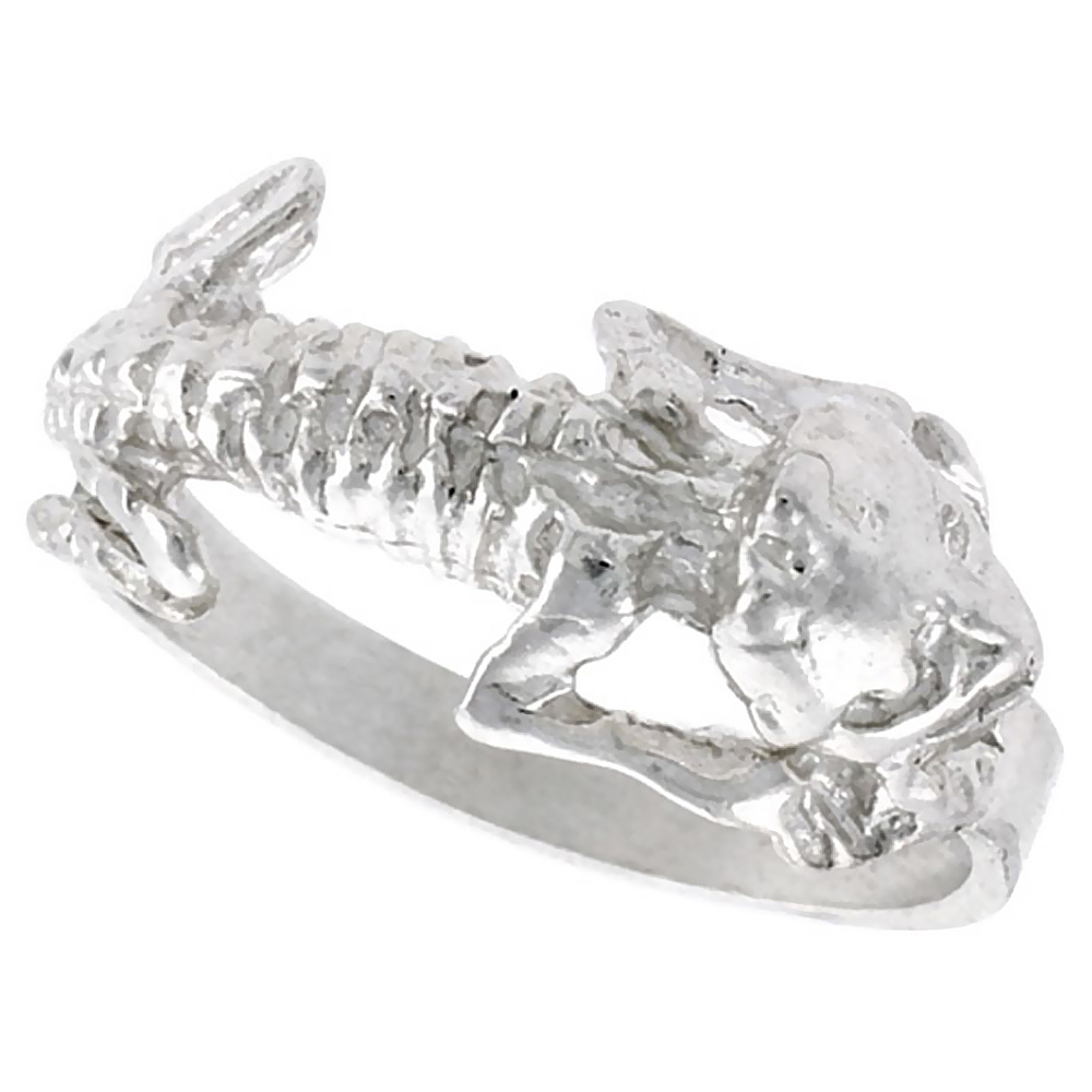 Sterling Silver Gecko Lizard Skeleton Ring Polished finish 3/8 inch wide, sizes 6 - 9,