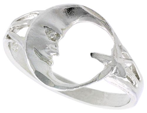 Sterling Silver Moon &amp; Star Ring Polished finish 1/2 inch wide, sizes 6 - 9