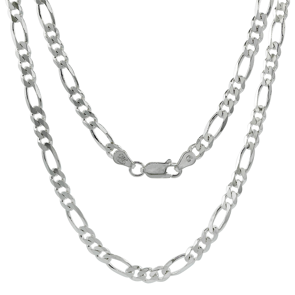 Sterling Silver 4.5mm Figaro Link Chain Necklaces & Bracelets for Women and men Beveled Edge Nickel Free Italy 7-30 inch