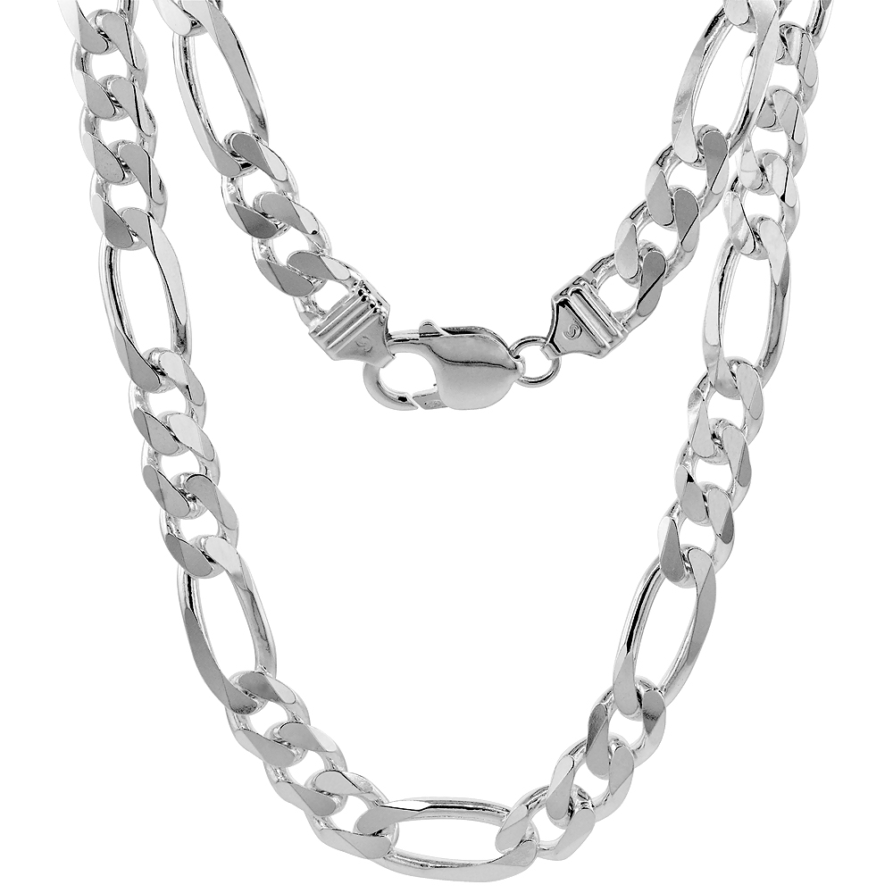 Thick Sterling Silver 9mm Figaro Link Chain Necklaces &amp; Bracelets for Men and Women Beveled Edge Nickel Free Italy 7-30 inch
