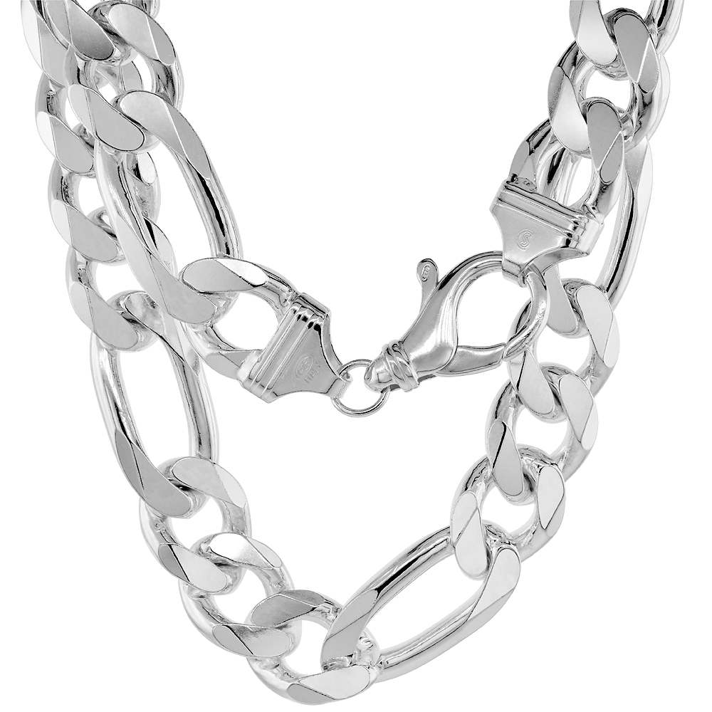 Very Thick Sterling Silver 16mm Figaro Link Chain Necklaces & Bracelets for Men and Women Beveled Edge Nickel Free Italy 8-30 inch