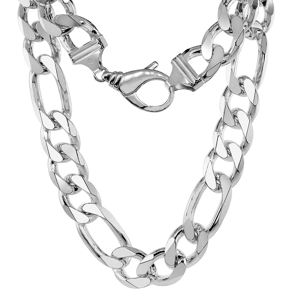 Very Thick Sterling Silver 17mm Figaro Link Chain Necklaces & Bracelets for Men and Women Beveled Edge Nickel Free Italy 8-30 inch
