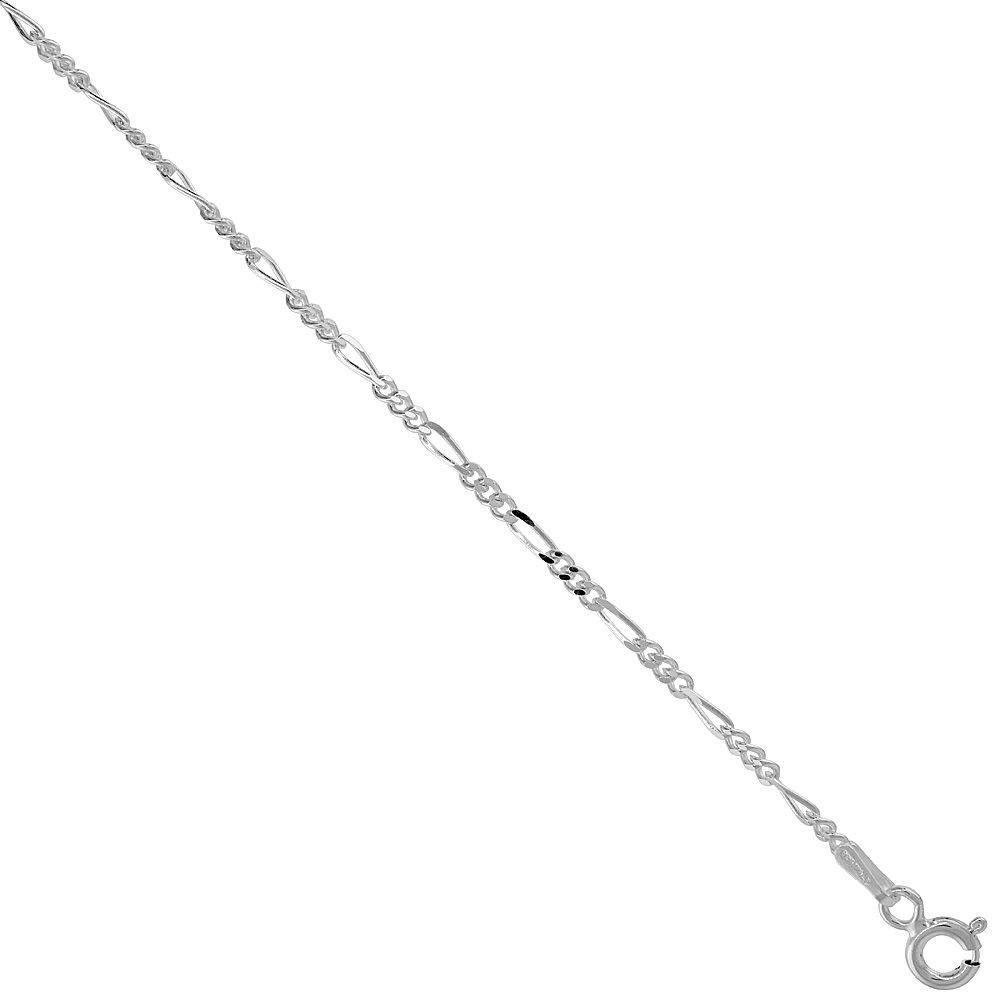 Sterling Silver Anklet FIGARO Chain 2.3 mm Nickel Free Italy, sizes 9.5 - 10 inch