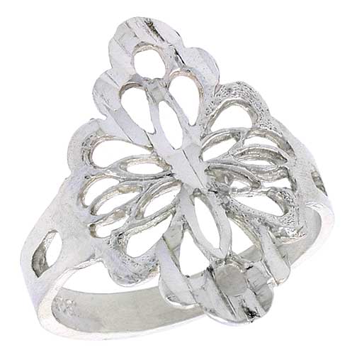 Sterling Silver Diamond-shaped Floral Filigree Ring, 3/4 inch