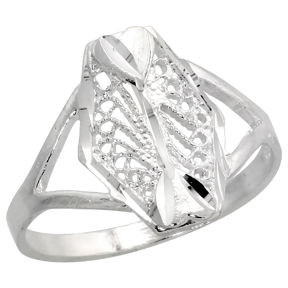 Sterling Silver Hexagon-shaped Filigree Ring, 1/2 inch, w/ Teeny Hearts