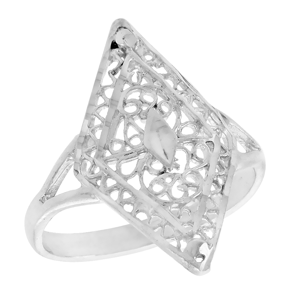 Sterling Silver Diamond-shaped Filigree Ring, 7/8 inch