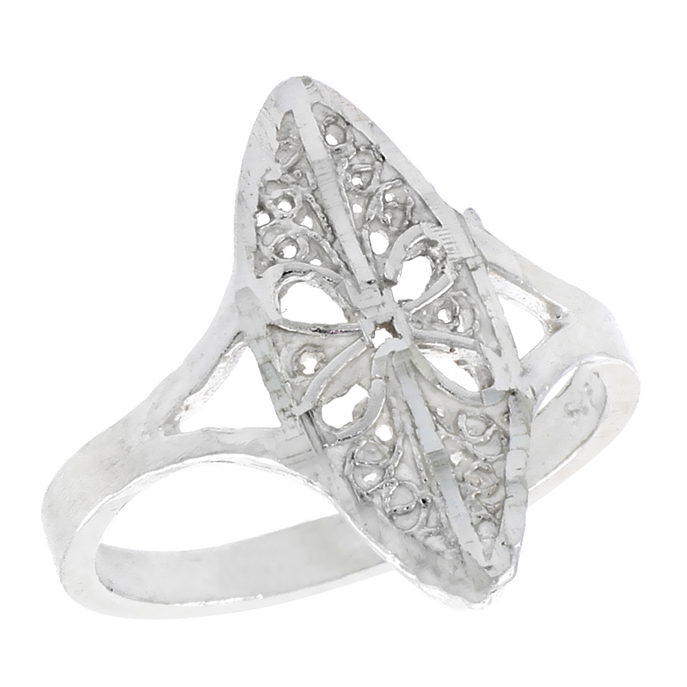 Sterling Silver Navette-shaped Floral Filigree Ring, 3/4 inch