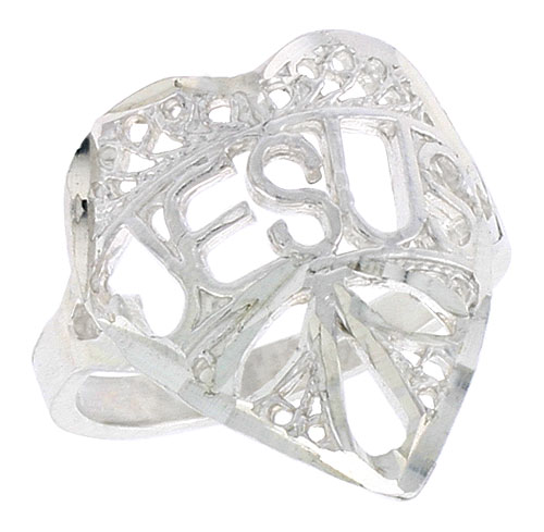 Sterling Silver &quot;JESUS&quot; Filigree Heart Ring, 3/4 inch