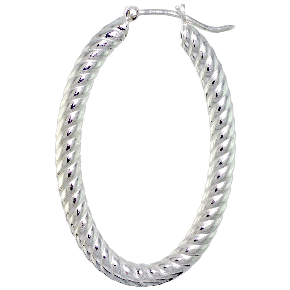 Sterling Silver Oval Italian Hoop Earrings Spiral Tubing,1 1/8 inch X 1 9/16 inch