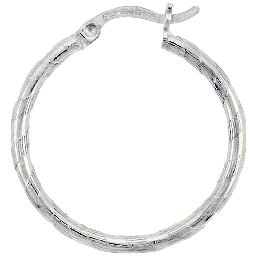 Sterling Silver 2mm Tube Candy Striped Hoop Earrings, 1&quot; (25 mm)