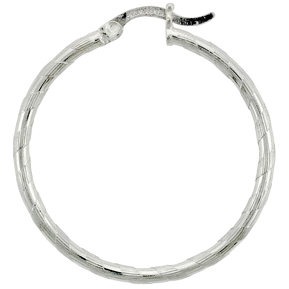 Sterling Silver 2mm Tube Candy Striped Hoop Earrings, 1 3/16&quot; (30 mm)