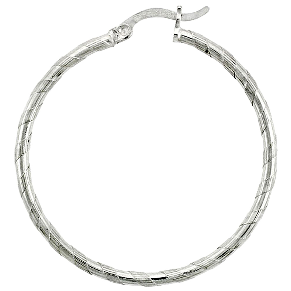 Sterling Silver 2mm Tube Candy Striped Hoop Earrings, 1 3/8&quot; (35 mm)