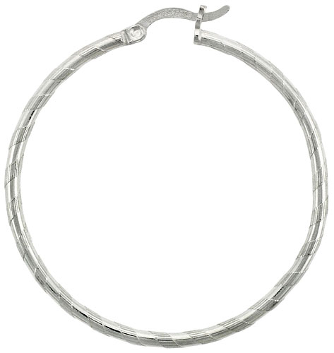 Sterling Silver 2mm Tube Candy Striped Hoop Earrings, 1 9/16&quot; (40 mm)