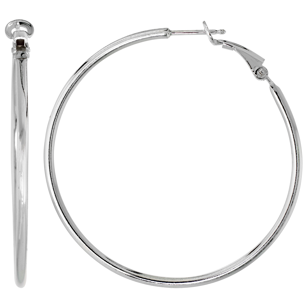 2 inch Sterling Silver Clutchless Hoop Earrings for Women 2mm Tubing Nickel Free Italy 50 mm