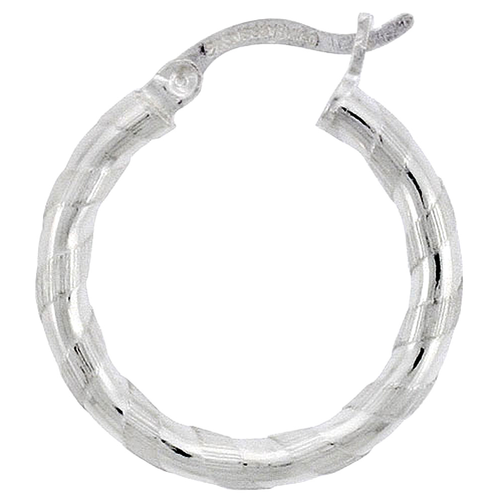 Sterling Silver 3mm Tube Candy Striped Hoop Earrings, 3/4&quot; (20 mm)