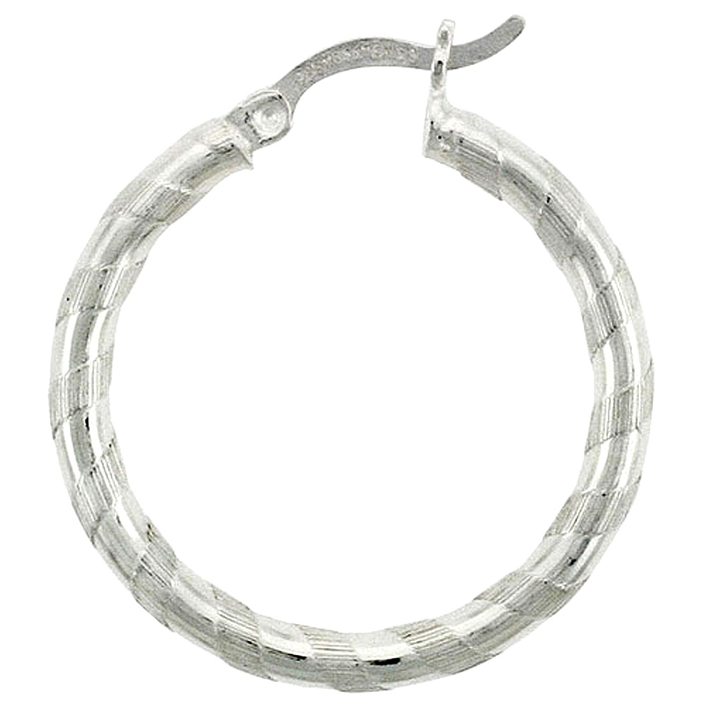 Sterling Silver 3mm Tube Candy Striped Hoop Earrings, 1&quot; (25 mm)