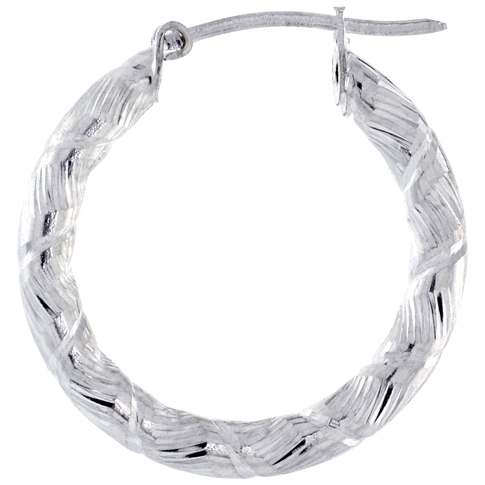 1&quot; ( 25 mm ) Sterling Silver 3mm Tube Candy Striped Diamond Cut Hoop Earrings